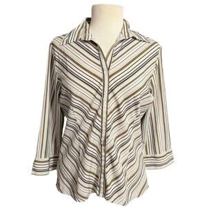 Vintage Croft and Barrow Cream and Brown Striped Button Up Top Size Medium